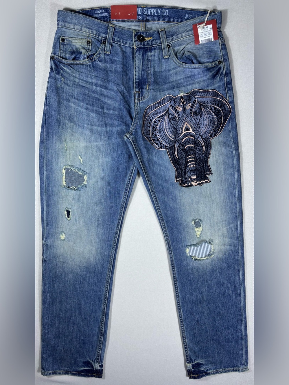 Mossimo Supply Co. Men’s Slim Straight Elephant Appliqué Distressed Jeans 30x30